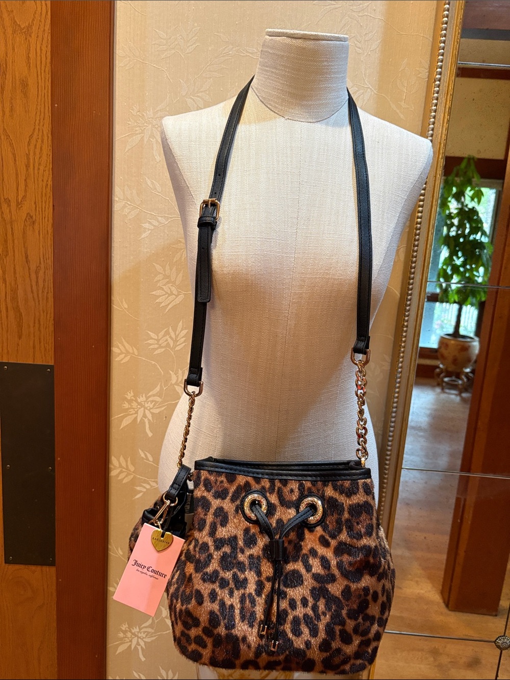 Juicy Couture Faux Leopard Fur Print Drawstring Crossbody Bucket Bag